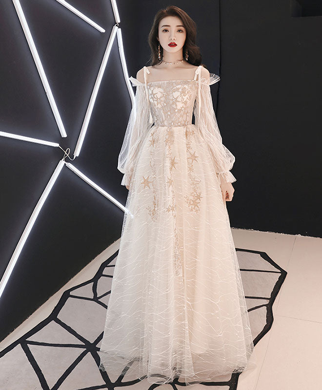 A-Line Tulle Lace Long Prom Dress, Tulle Lace Evening Dress