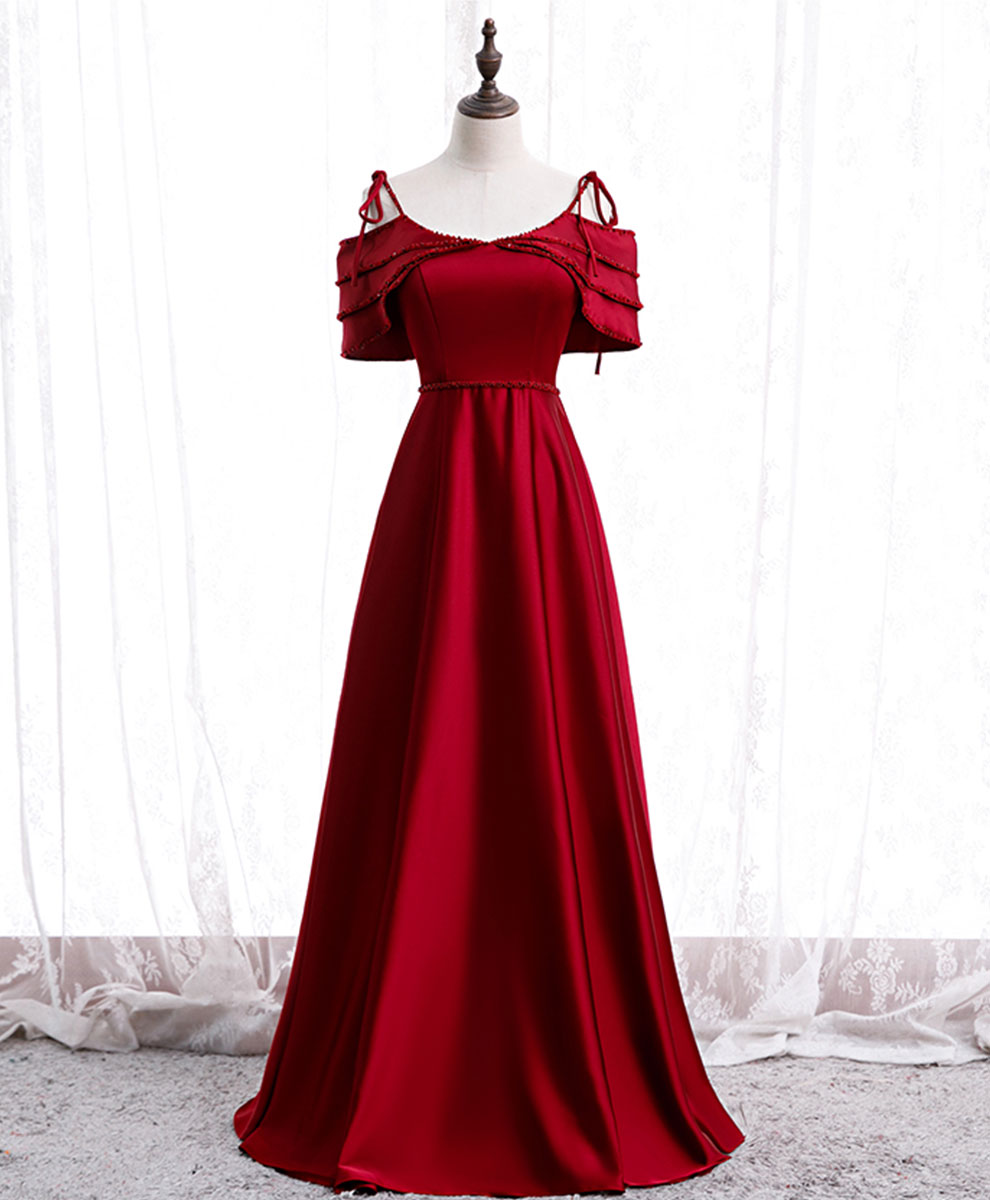 Burgundy Satin Beads Long Prom Dress Burgundy Evening Dress