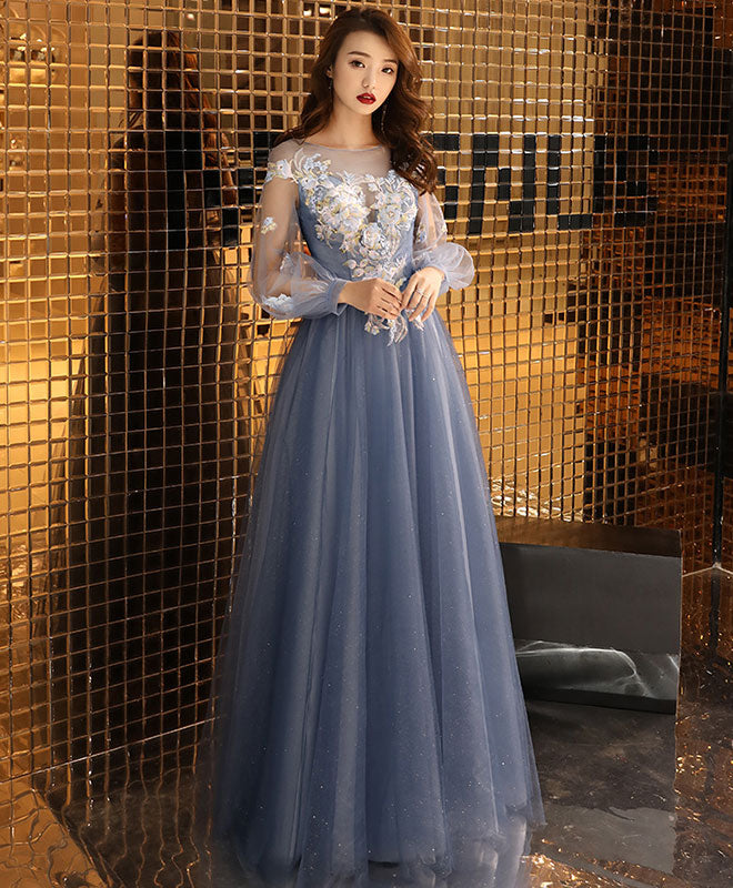 Blue Round Neck Tulle Lace Long Prom Dress Blue Formal Dress
