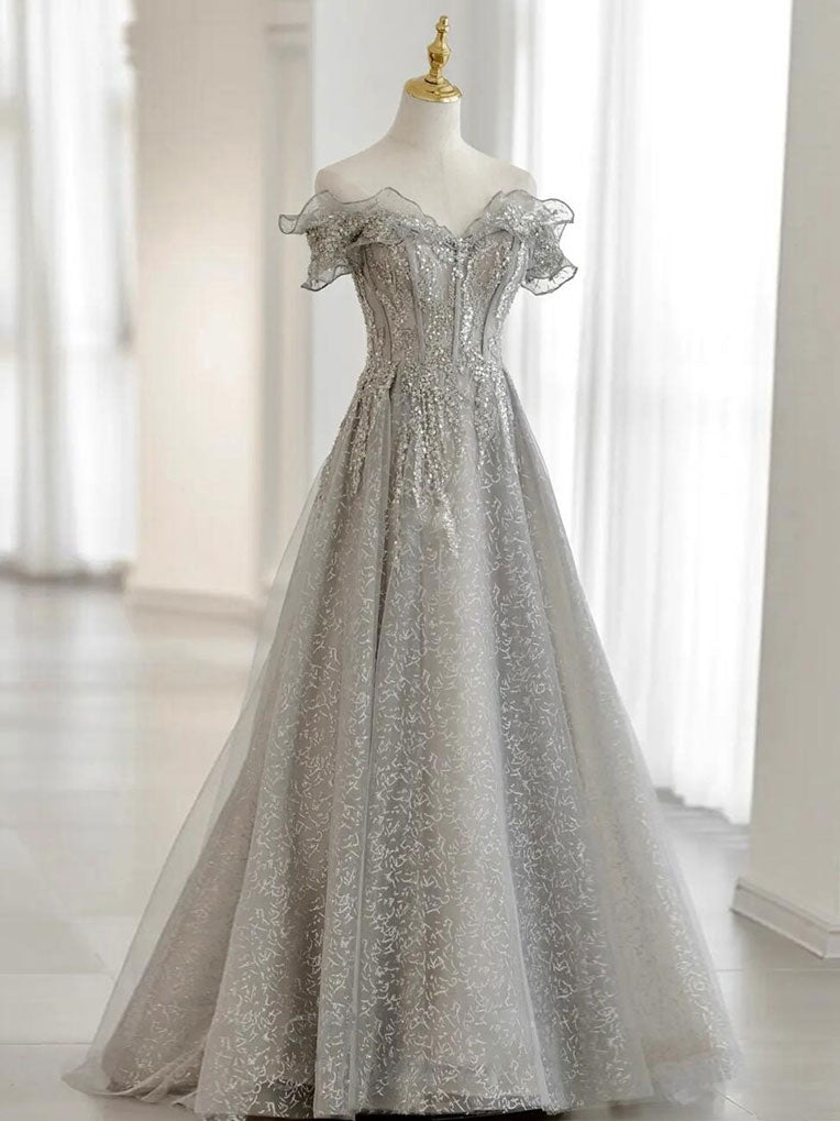 grey and silver prom dresses Silver Rhinestone Grey Tulle Ruffled Trumpet Floor Length Prom Dress