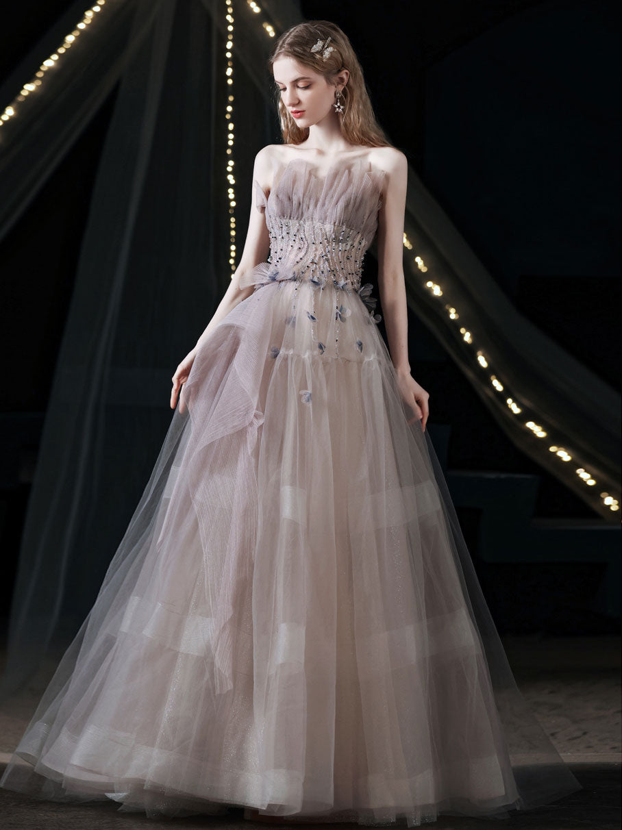 A-Line Tulle Beads Long Prom Dress, Gray Purple Tulle Evening Dress