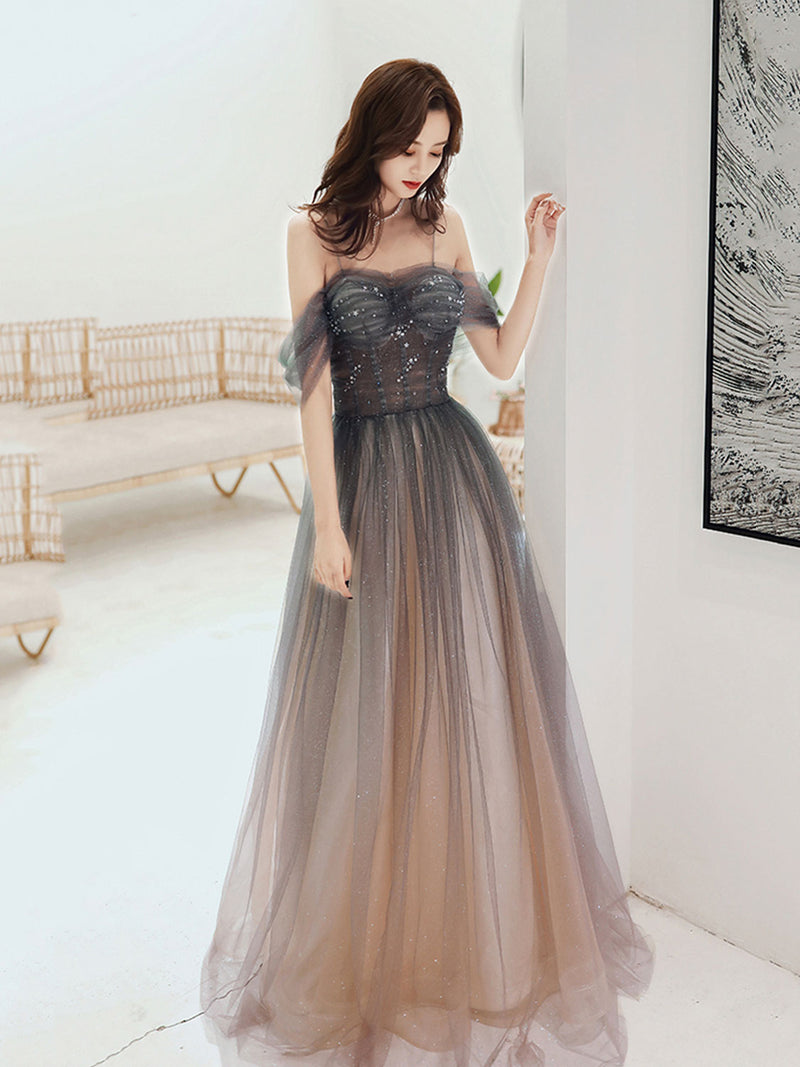 brown graduation dress Brown A line Off Shoulder Tulle Long Prom Dress, Brown Graduation Dress US 14 / Brown( As Picture)