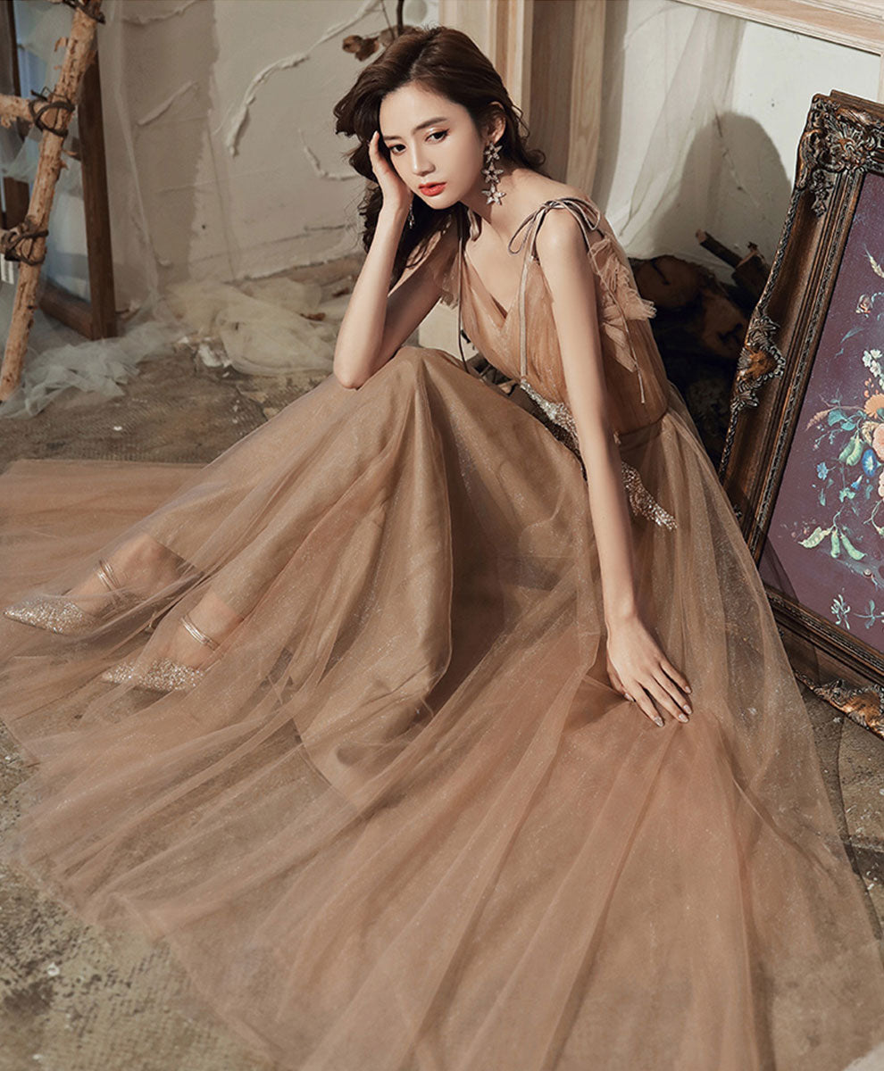 Champagne V Neck Tulle Lace Long Prom Dress Lace Tulle Graduation Dresses