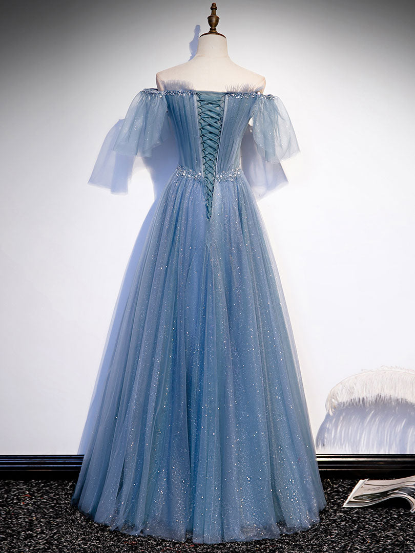Blue Sweetheart Tulle Sequin Long Prom Dress Blue Formal Dress