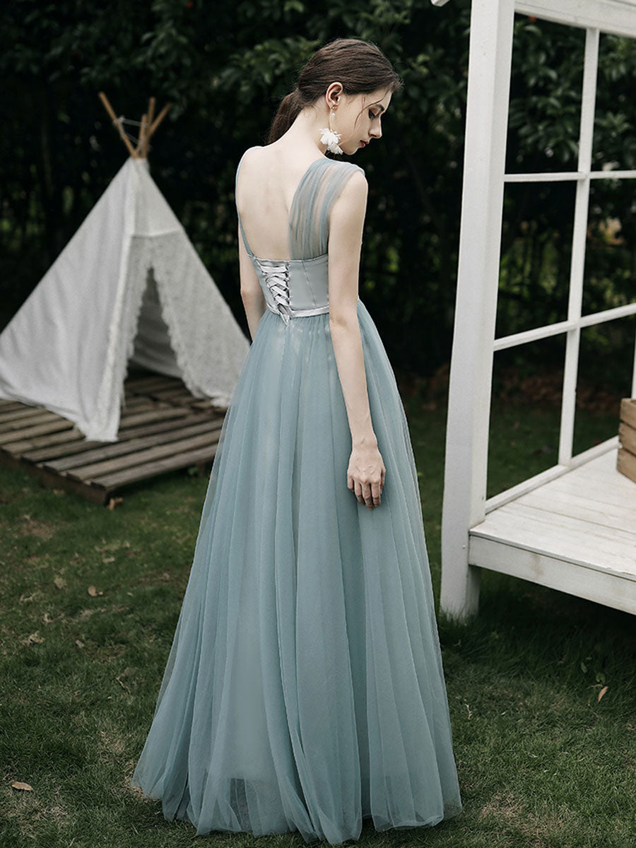 Simple A line Green Tulle Long Prom Dress, Green Tulle Bridesmaid Dresses