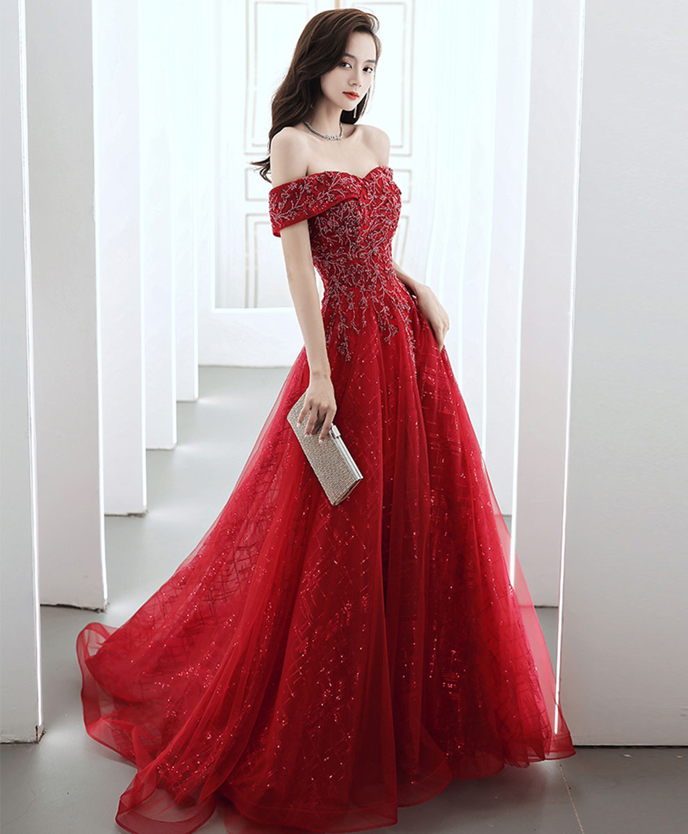 Burgundy Off Shoulder Tulle Lace Long Prom Dress, Burgundy Formal Party Dress