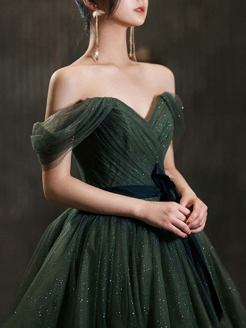 Beautiful Green Tulle Long Prom Dress, A-Line Off The Shoulder Graduation Dress US 16 / Green Beautiful Green Tulle Long Prom Dress, A-Line Off The Shoulder Graduation Dress US 16 / Green