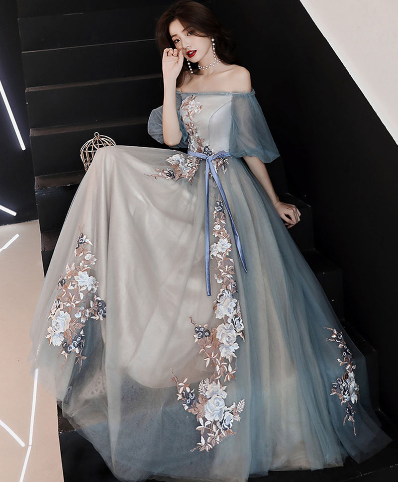 Gray Blue Tulle Lace Long Prom Dress, Gray Blue Evening Dress Gray Blue Tulle Lace Long Prom Dress, Gray Blue Evening Dress