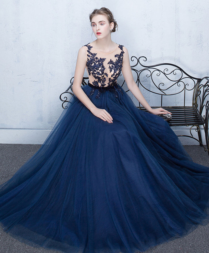 Elegant Dark Blue Tulle Lace Long Prom Dress, Blue Evening Dress shopluu Elegant Dark Blue Tulle Lace Long Prom Dress, Blue Evening Dress shopluu