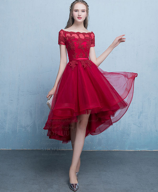 Burgundy Tulle Lace Short Prom Dress, Burgundy Homecoming Dress