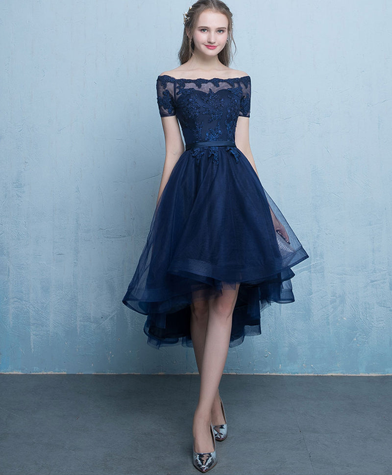 Dark Blue Lace Tulle Short Prom Dress, High Low Evening Dress Custom Size / Dark Blue Dark Blue Lace Tulle Short Prom Dress, High Low Evening Dress Custom Size / Dark Blue