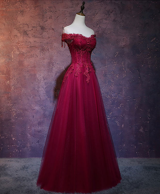 Burgundy Tulle Lace Off Shoulder Long Prom Dress Burgundy Lace Evening –  shopluu