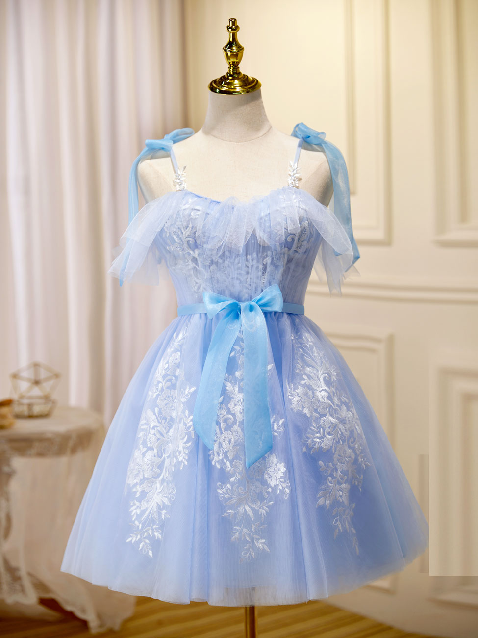 Cute Short Blue Lace Prom Dresses, Short Blue Lace Formal Graduation Dresses, US 16 / Blue as Pics / With Rush+$19.99