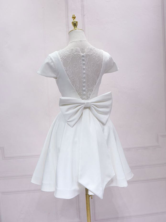 white dress size 14 Simple White V Neck Lace Short Prom Dress, White Bridesmaid Dress US 12 / White