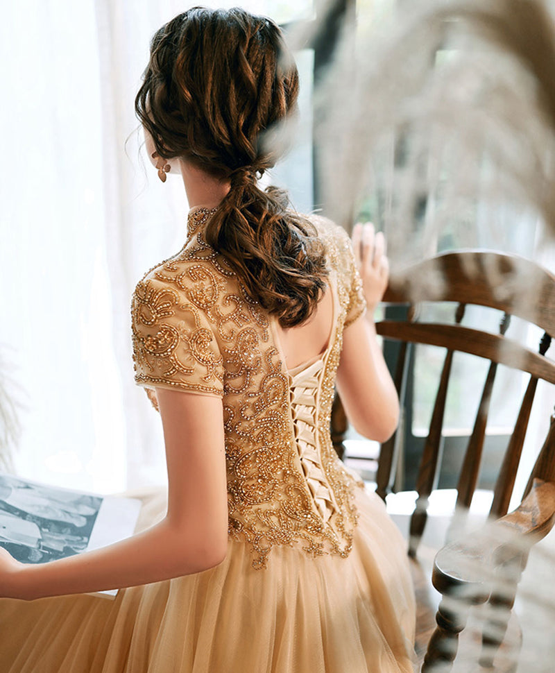 Champagne Tulle Beads Long Prom Dress Champagne Tulle Formal Dress