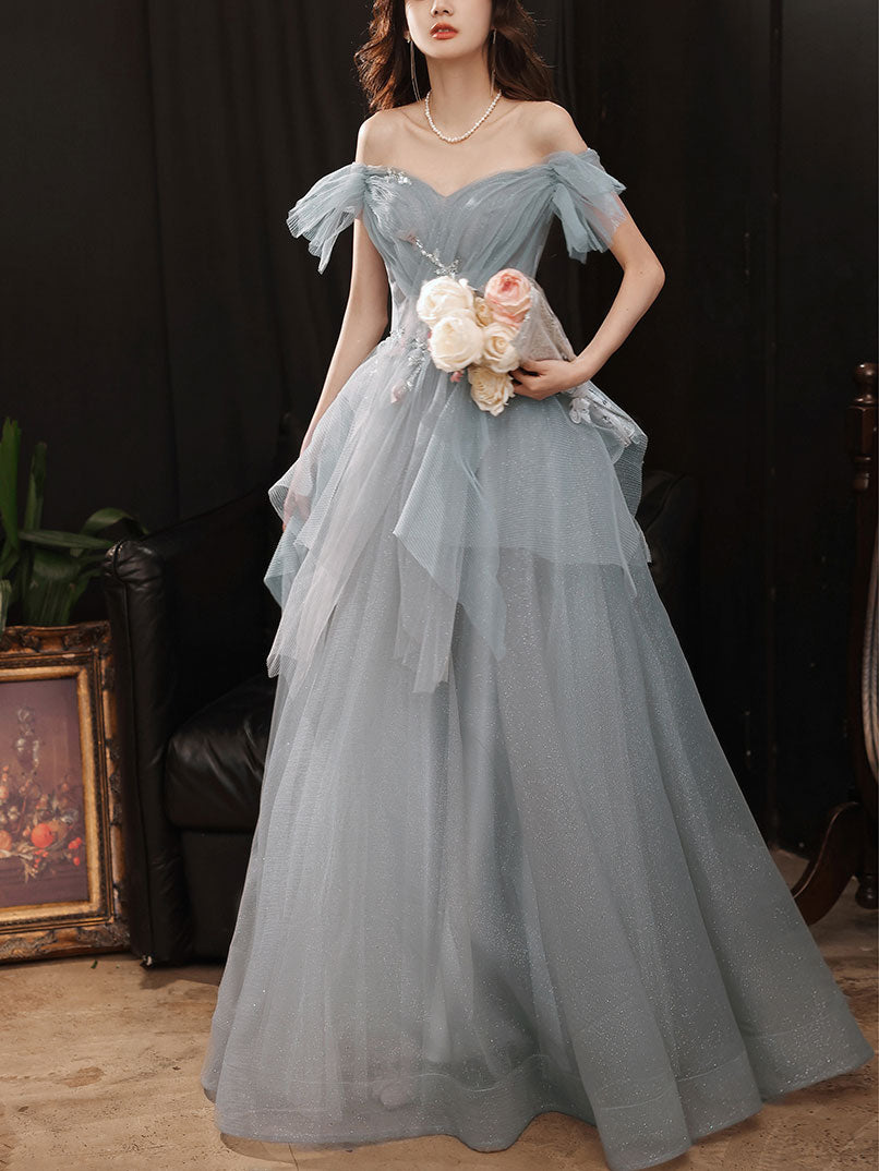 Gray Sweetheart Neck Tulle Long Prom Dress Gray Evening Dress