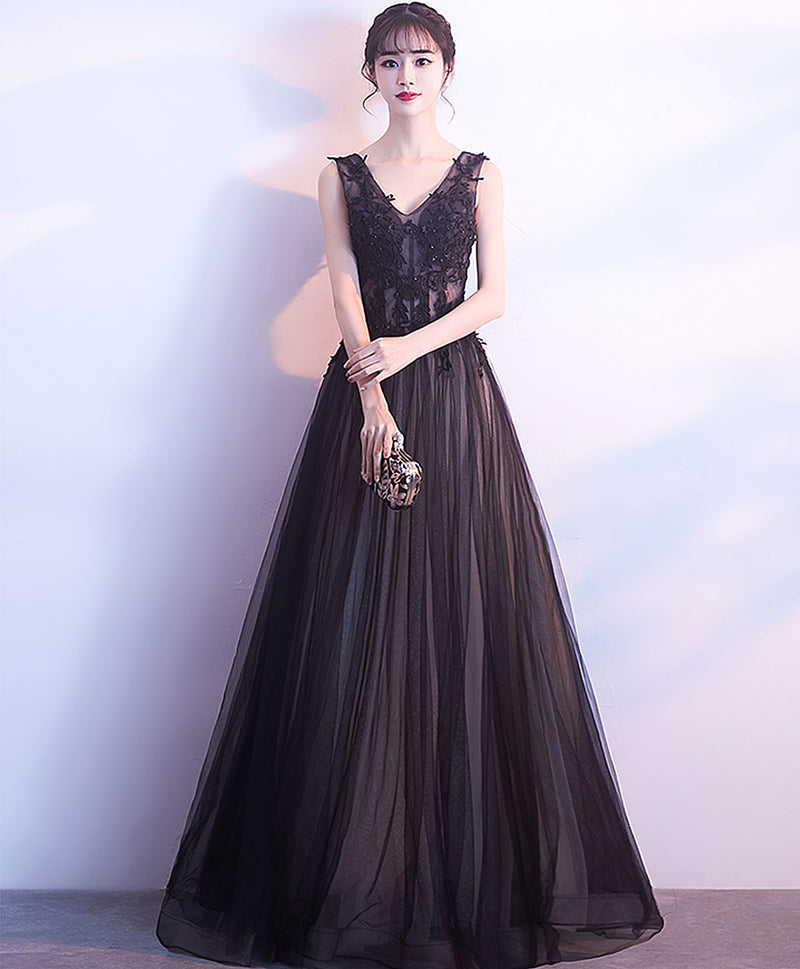 Black V Neck Tulle Lace Applique Long Prom Dress, Black Lace Bridesmaid Dress Custom Size / Custom Color Black V Neck Tulle Lace Applique Long Prom Dress, Black Lace Bridesmaid Dress Custom Size / Custom Color