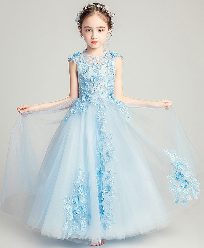 Blue Round Neck Tulle Lace Flower Girl Dress, Girl Fashion Dress shopluu Blue Round Neck Tulle Lace Flower Girl Dress, Girl Fashion Dress shopluu