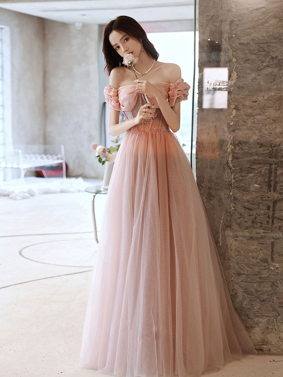 Pink Sweetheart Neck Tulle Beads Long Prom Dress, Pink Evening Dress