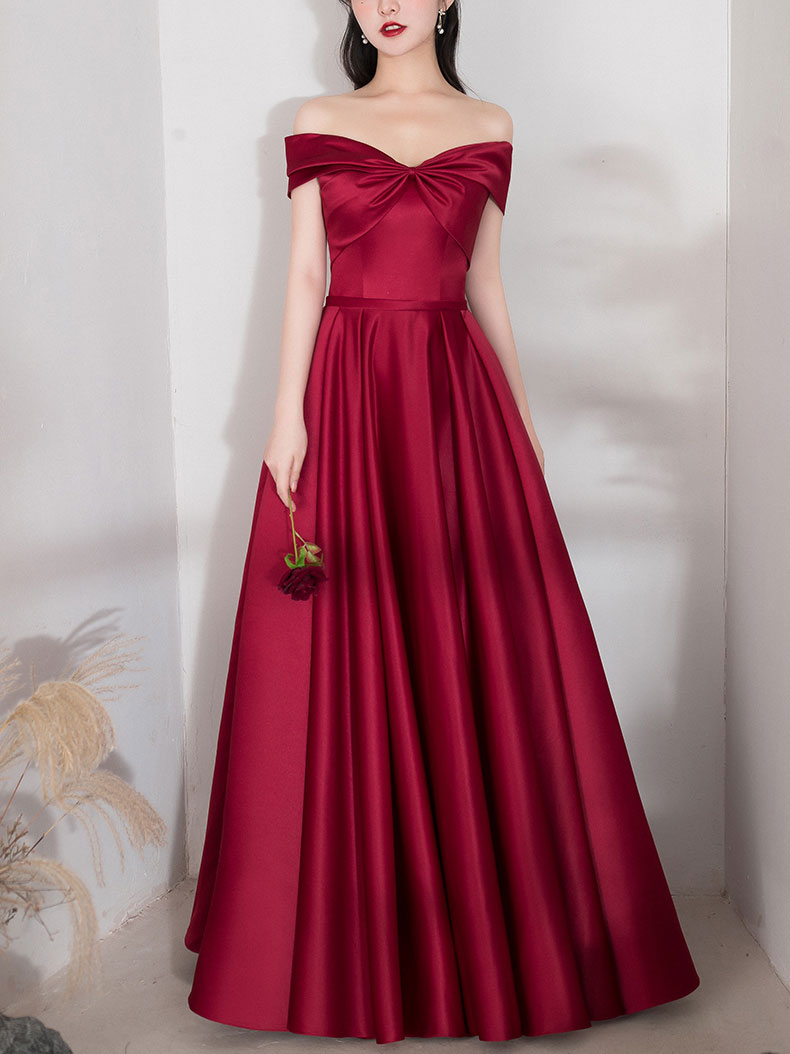 Simple A-line Dark Red Satin Long Prom Dress Red Bridesmaid Dress US 12 / Red (As Picture) Simple A-line Dark Red Satin Long Prom Dress Red Bridesmaid Dress US 12 / Red (As Picture)