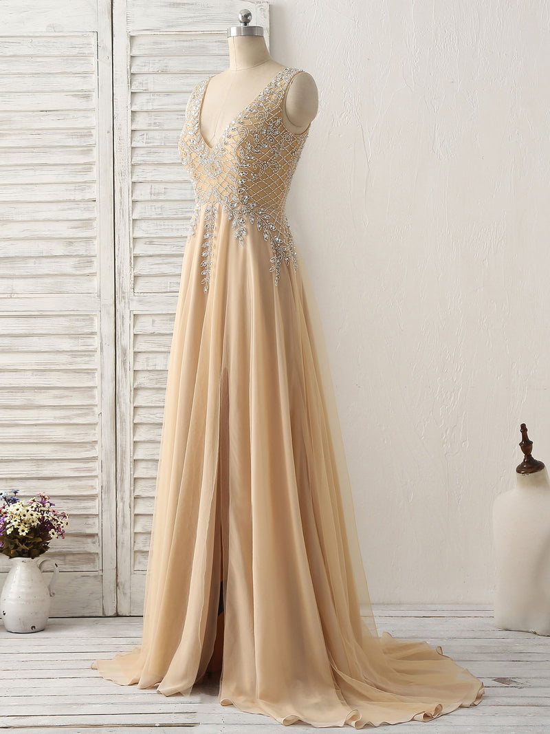 Champagne V Neck Beads Long Prom Dress Tulle Evening Dress US 8 / Champagne Champagne V Neck Beads Long Prom Dress Tulle Evening Dress US 8 / Champagne
