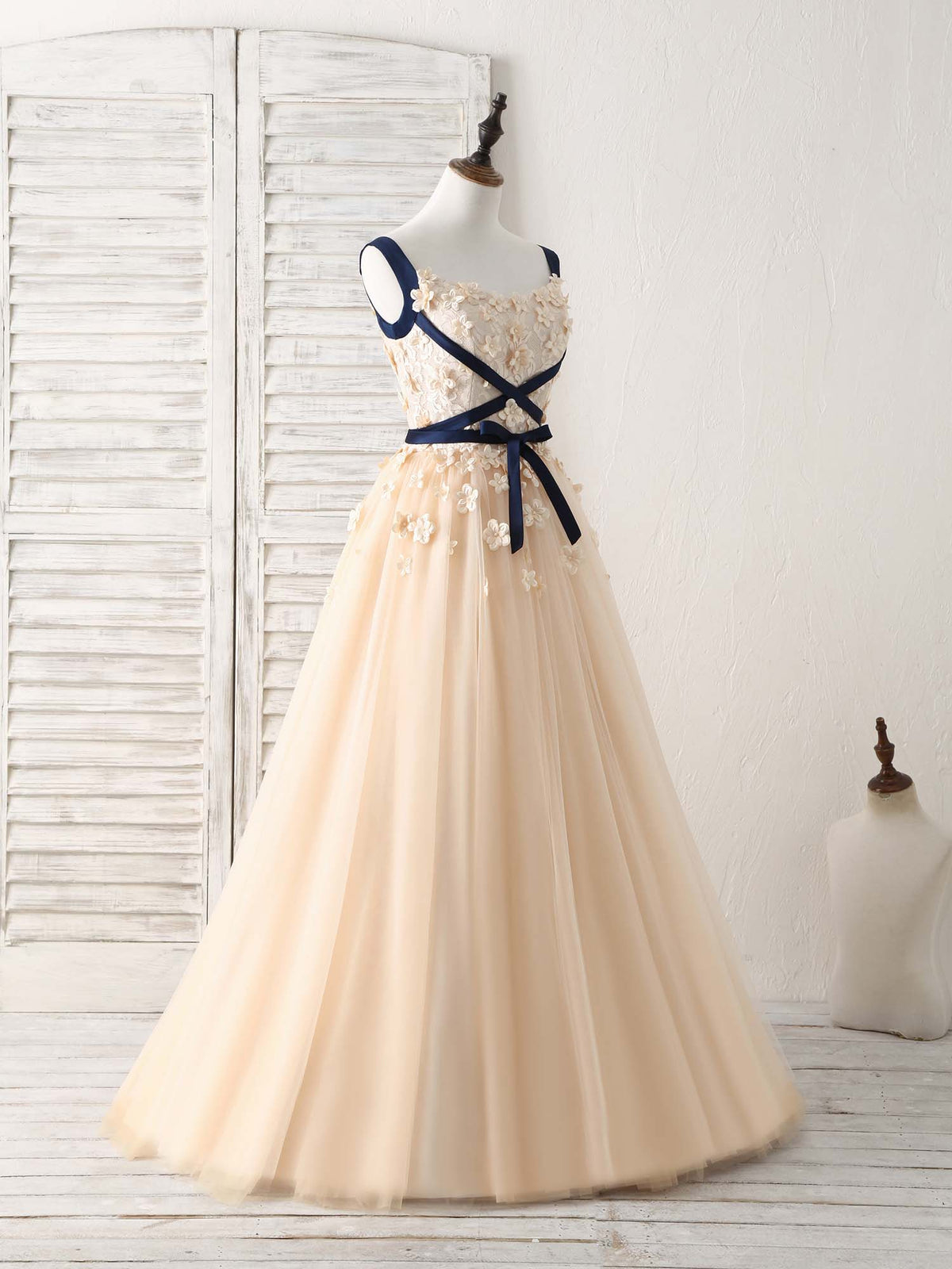A-Line Champagne Lace Tulle Long Prom Dress, Champagne Evening