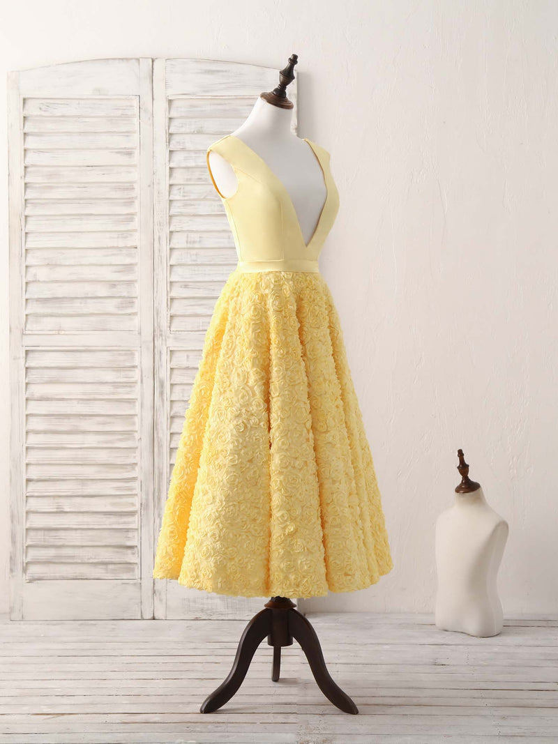 Yellow V Neck 3D Lace Tea Long Prom Dress, Yellow Evening Dress US 14 / Yellow Yellow V Neck 3D Lace Tea Long Prom Dress, Yellow Evening Dress US 14 / Yellow