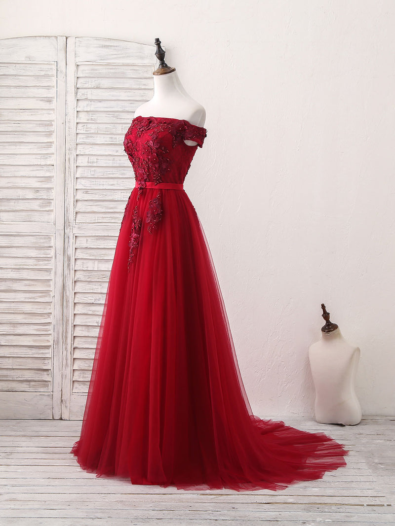 Burgundy Off Shoulder Tulle Lace Applique Long Prom Dress, Evening Dre shopluu Burgundy Off Shoulder Tulle Lace Applique Long Prom Dress, Evening Dre shopluu