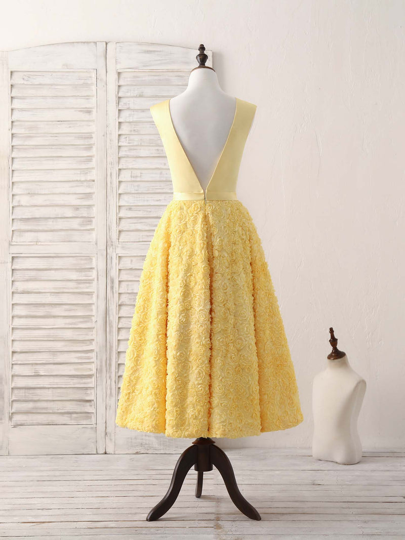 Yellow V Neck 3D Lace Tea Long Prom Dress, Yellow Evening Dress US 14 / Yellow Yellow V Neck 3D Lace Tea Long Prom Dress, Yellow Evening Dress US 14 / Yellow