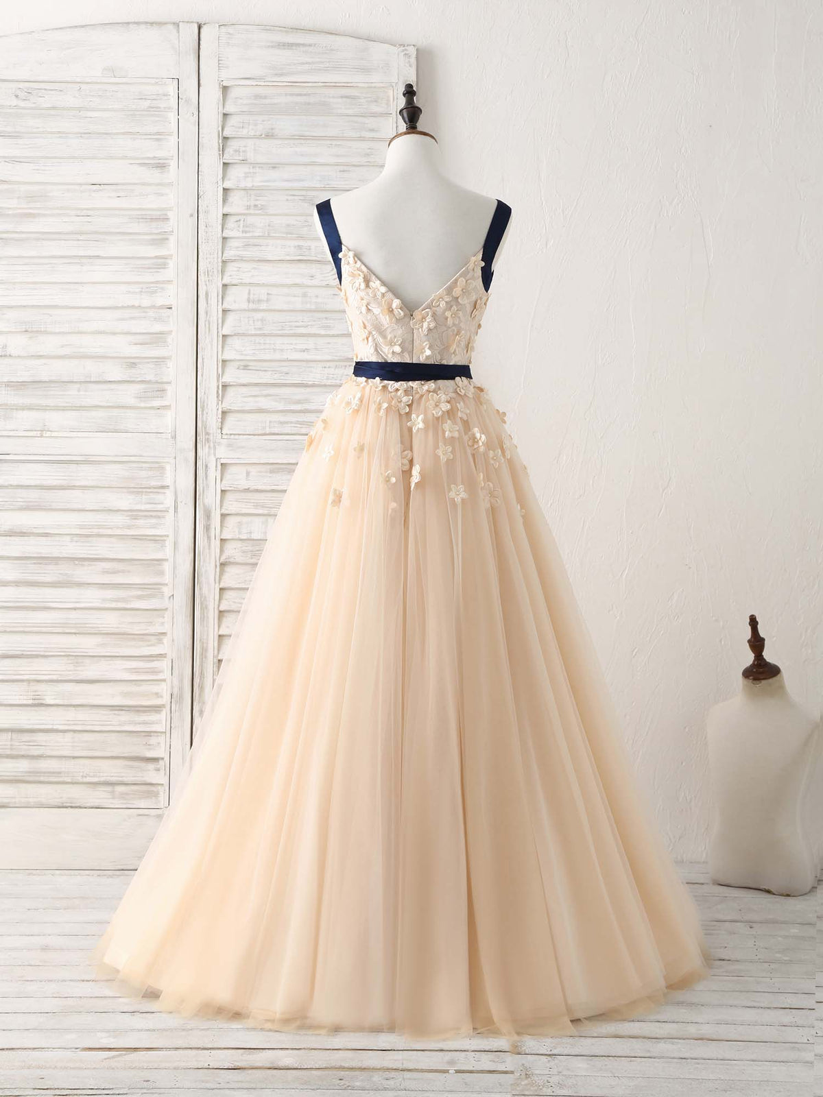 A-Line Champagne Lace Tulle Long Prom Dress, Champagne Evening