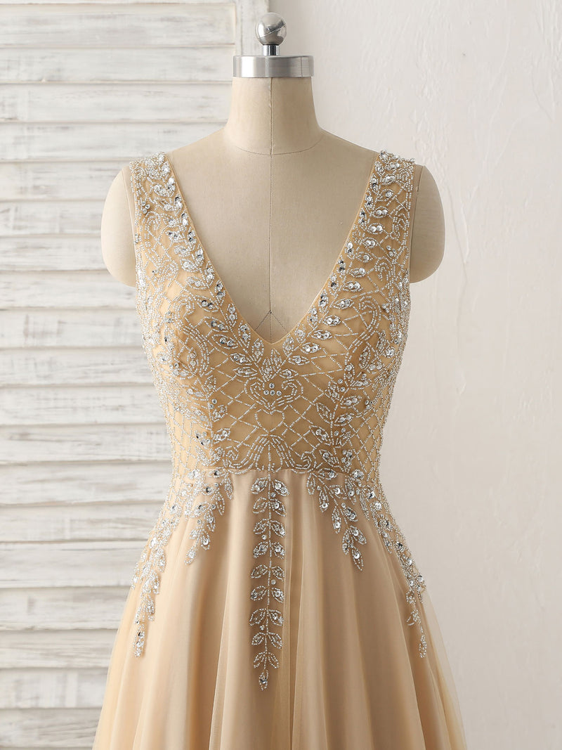 Champagne V Neck Beads Long Prom Dress Tulle Evening Dress shopluu Champagne V Neck Beads Long Prom Dress Tulle Evening Dress shopluu