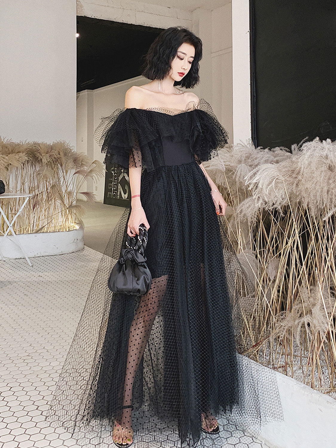 Black Tulle Long Prom Dress, Formal Dress Black Graduation Dresses