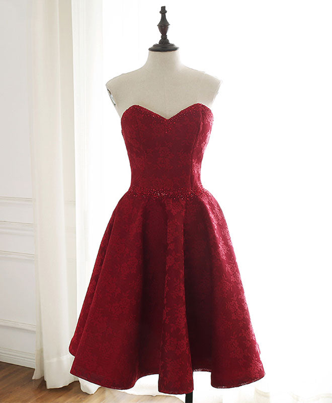Burgundy Sweetheart Lace Short Prom Dress Burgundy Homecoming Dress