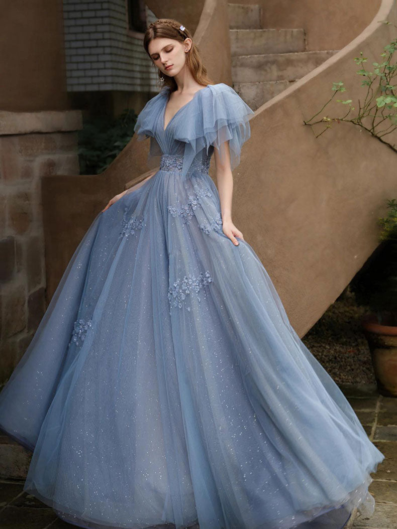 Gray Blue V Neck Tulle Sequin Long Prom Dress, Blue Formal Graduation
