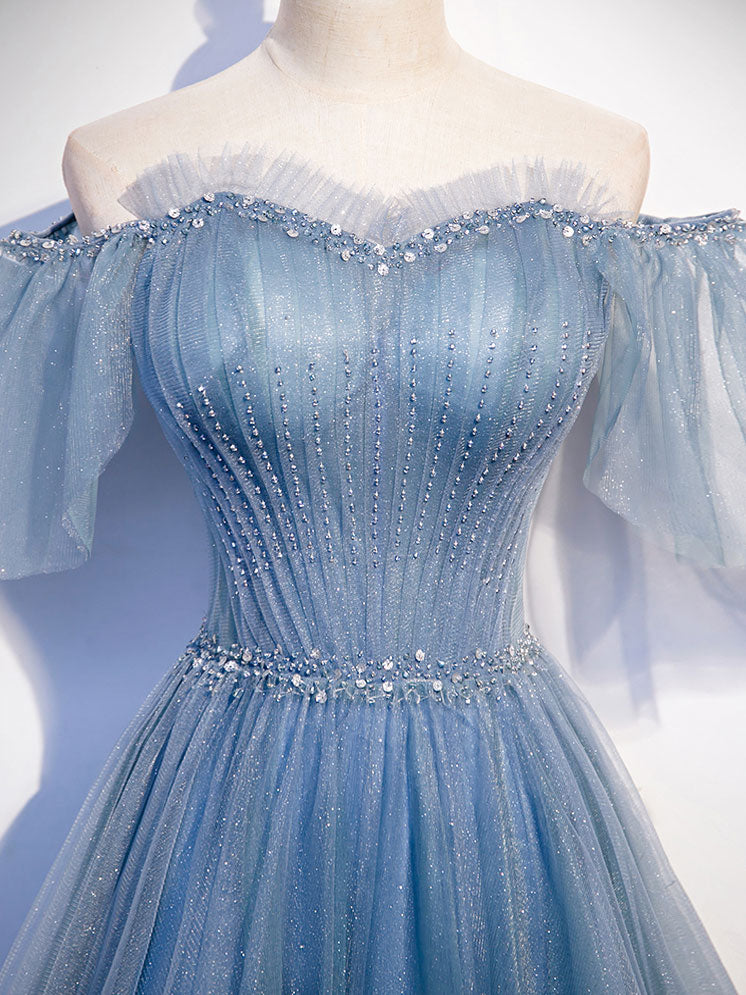 Blue Sweetheart Tulle Sequin Long Prom Dress Blue Formal Dress