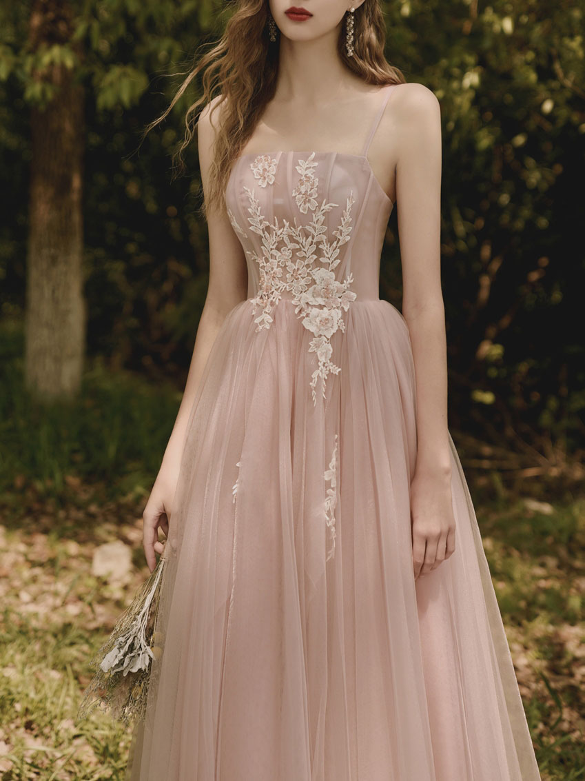 Pink Tulle Lace Tea Length Prom Dress, Lace Evening Dress