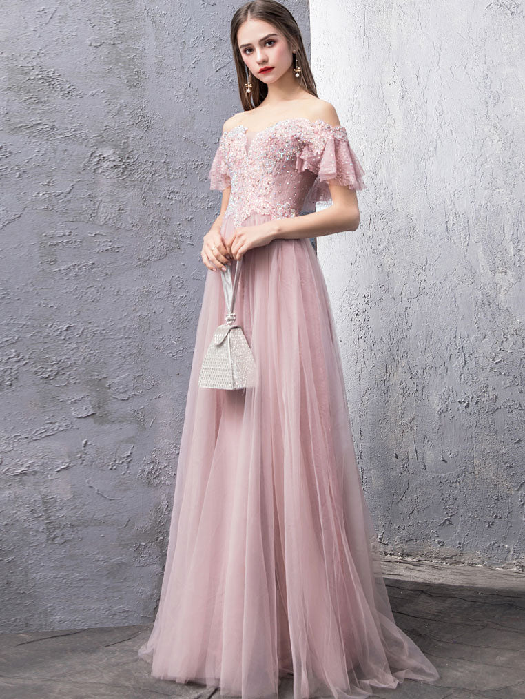 Pink Tulle Lace Off Shoulder Long Prom Dress, Pink Evening Dress