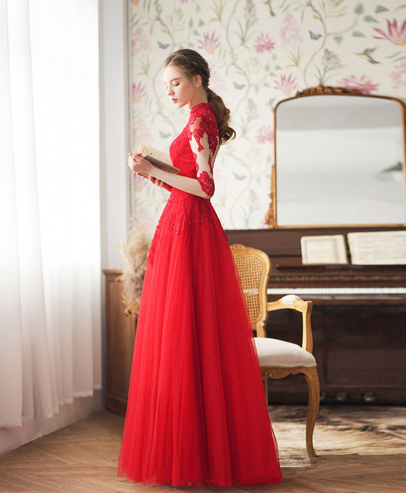 Red High Neck Tulle Lace Long Prom Dress, Red Lace Formal Dress – shopluu