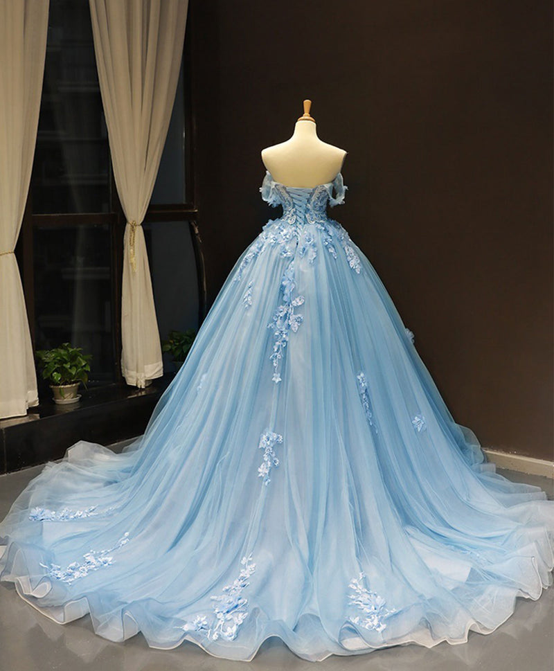 Blue Tulle Long A-Line Prom Dress, Off the Shoulder Evening Dress US 14 / Blue Blue Tulle Long A-Line Prom Dress, Off the Shoulder Evening Dress US 14 / Blue
