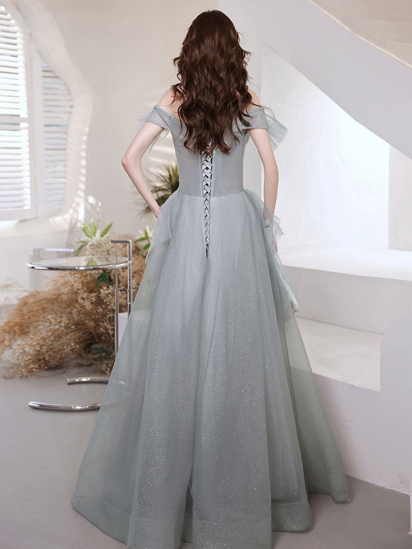 Gray Sweetheart Neck Tulle Long Prom Dress Gray Evening Dress