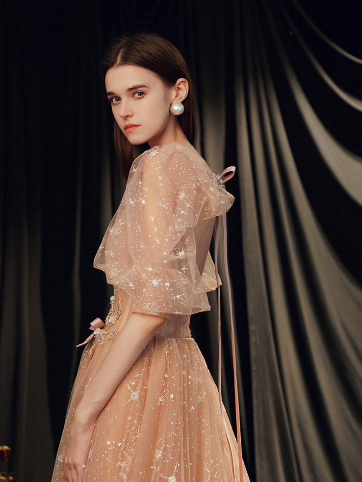 Champagne A-line Tulle Long Prom Dress Champagne Evening Dress