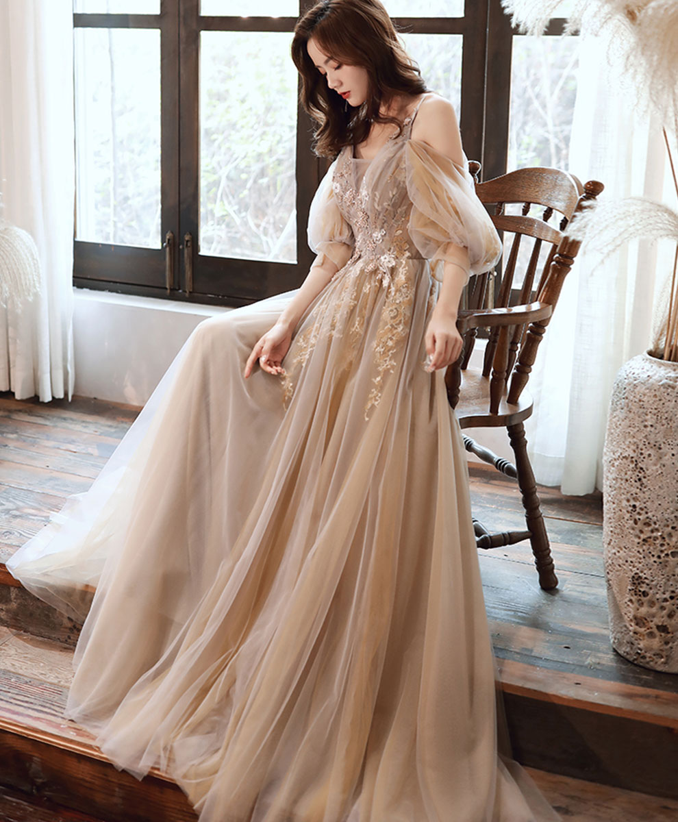 Champagne v neck tulle lace long prom dress champagne formal dress