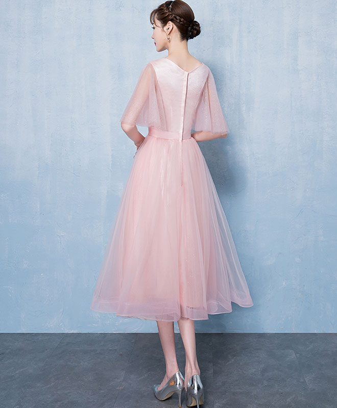 Simple V Neck Tulle Short Prom Dress, Pink Tulle Homecoming Dress