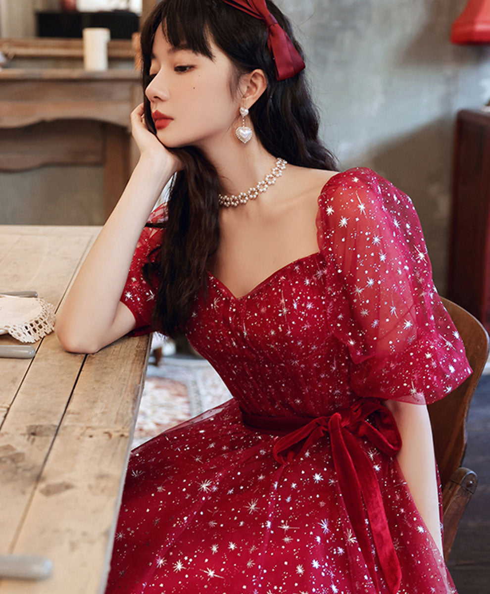 Red Aline Tulle Long Prom Dress, Red Tulle Formal Graduation Dresses
