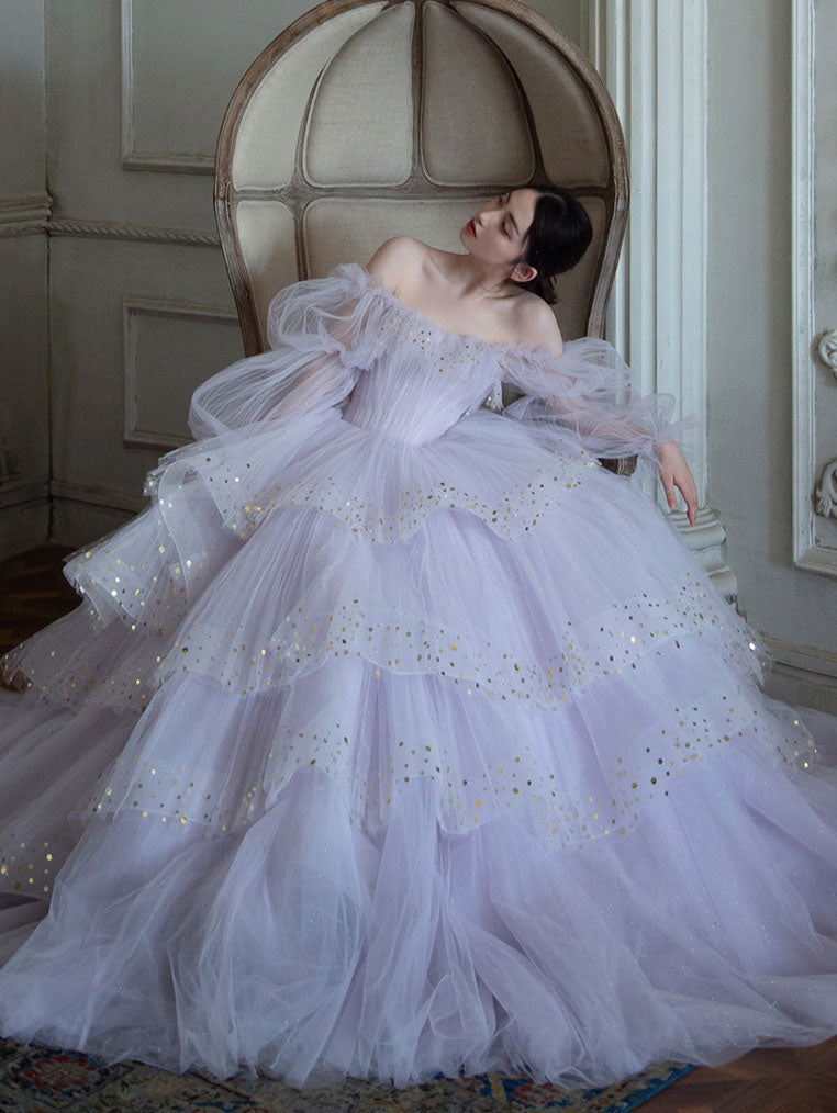 Light Purple Tulle Sequin Long Prom Dress, Purple Evening Dress
