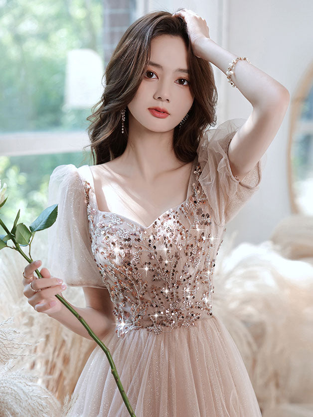 Champagne A-line Tulle Beads Prom Dress, Tulle Bridesmaid Dress – shopluu