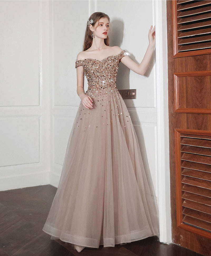 Champagne A line Long Prom Dress, Off Shoulder Champagne Formal Dress