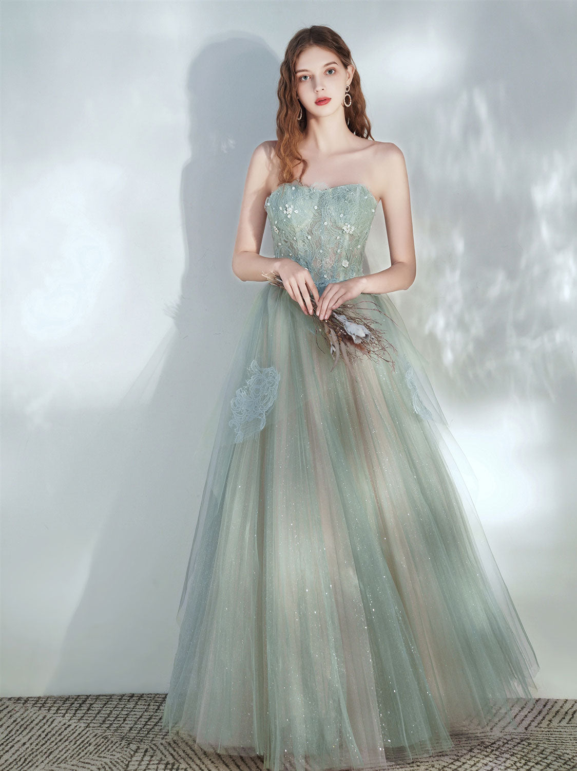 Green Tulle Lace Long Prom Dress, Green Tulle Evening Dress