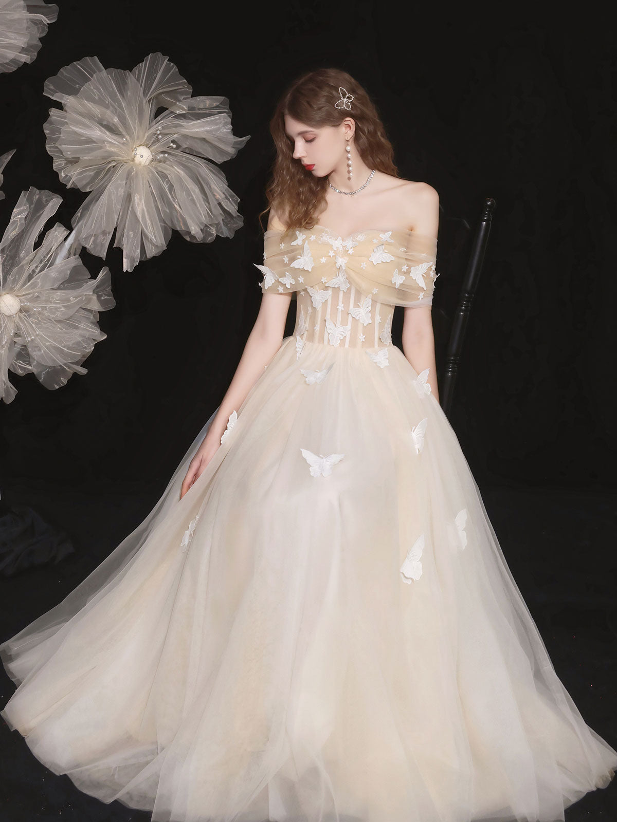 Champagne Tulle Lace Applique Long Prom Dress, Tulle Lace Evening Dress