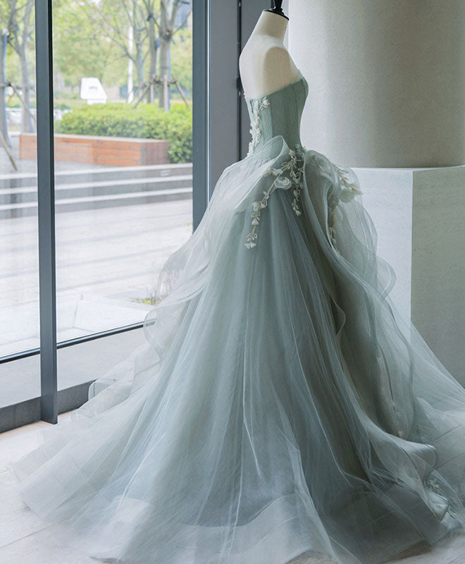 A-Line Tulle Lace Gray Green Long Prom Gown, Tulle Lace Evening Dress